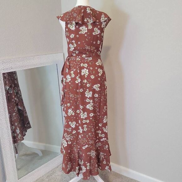 Max Edition Brown Floral Ruffle Wrap Midi Dress Size S - Picture 2 of 6